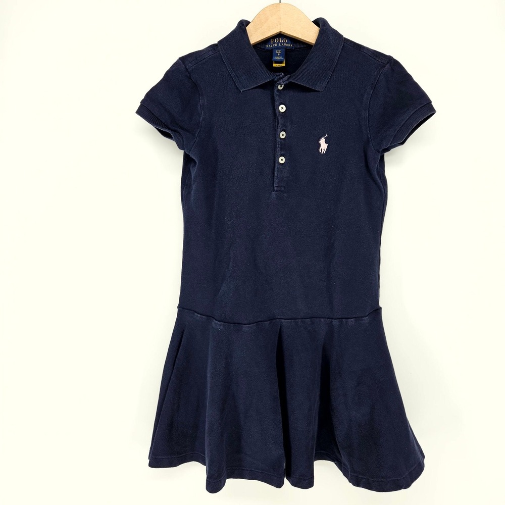 Polo Ralph Lauren Polo Dress Girls S (7) Navy Blue Short Sleeve Drop Waist Pony